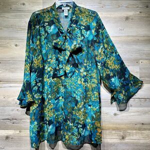 Catherines Sheer Top 2X Blue Metallic Floral Button Up 3/4 Bell Sleeve Tie-Neck